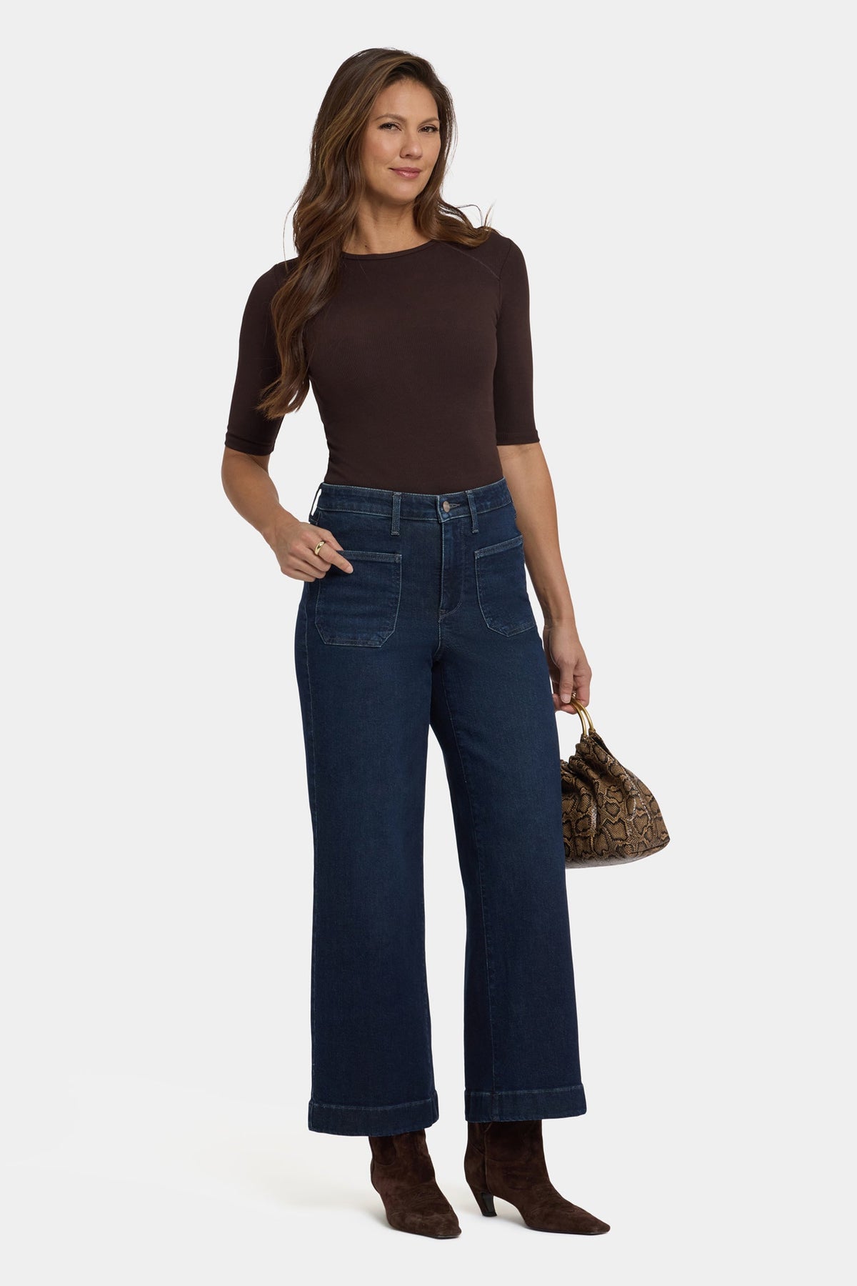 Dark Blue Denim Teresa Wide Leg Ankle Jeans - Full Front On-Model | NYDJ Apparel