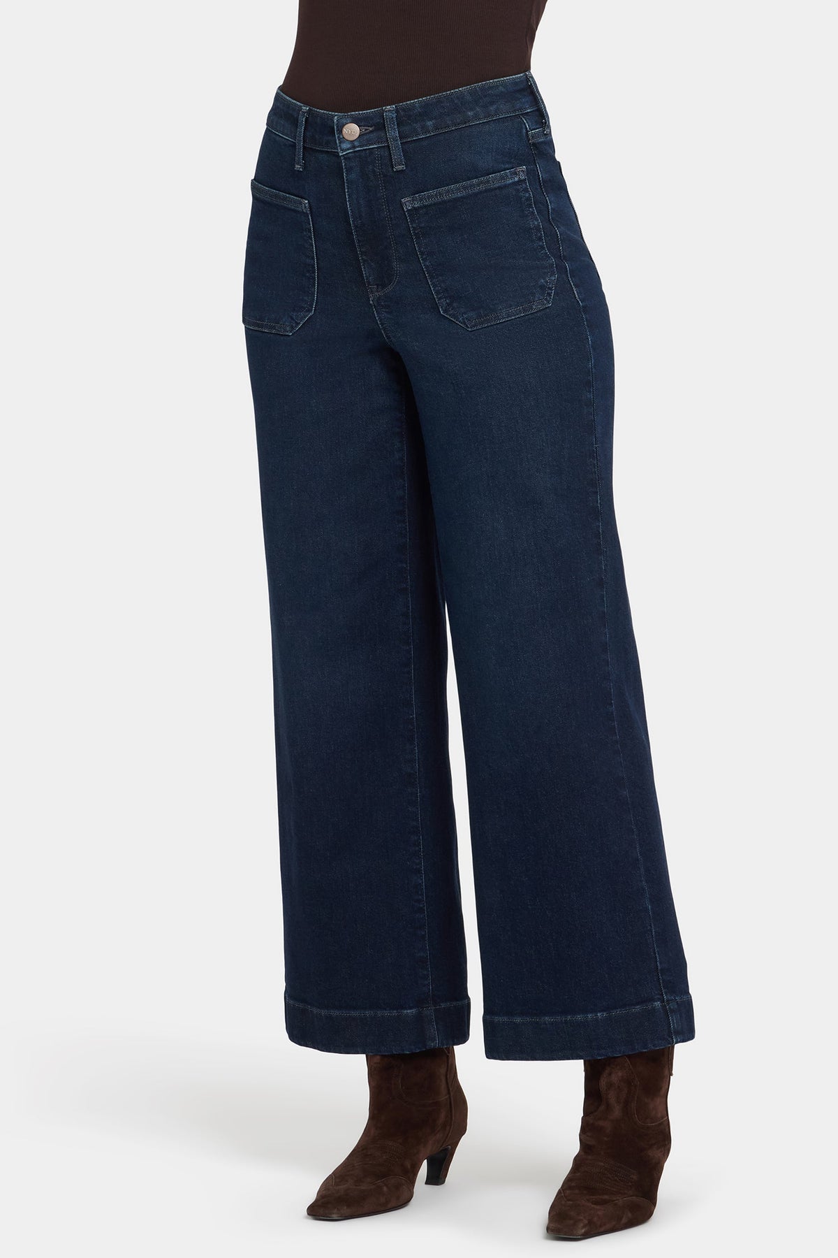 Dark Blue Denim Teresa Wide Leg Ankle Jeans - Side Profile On-Model | NYDJ Apparel