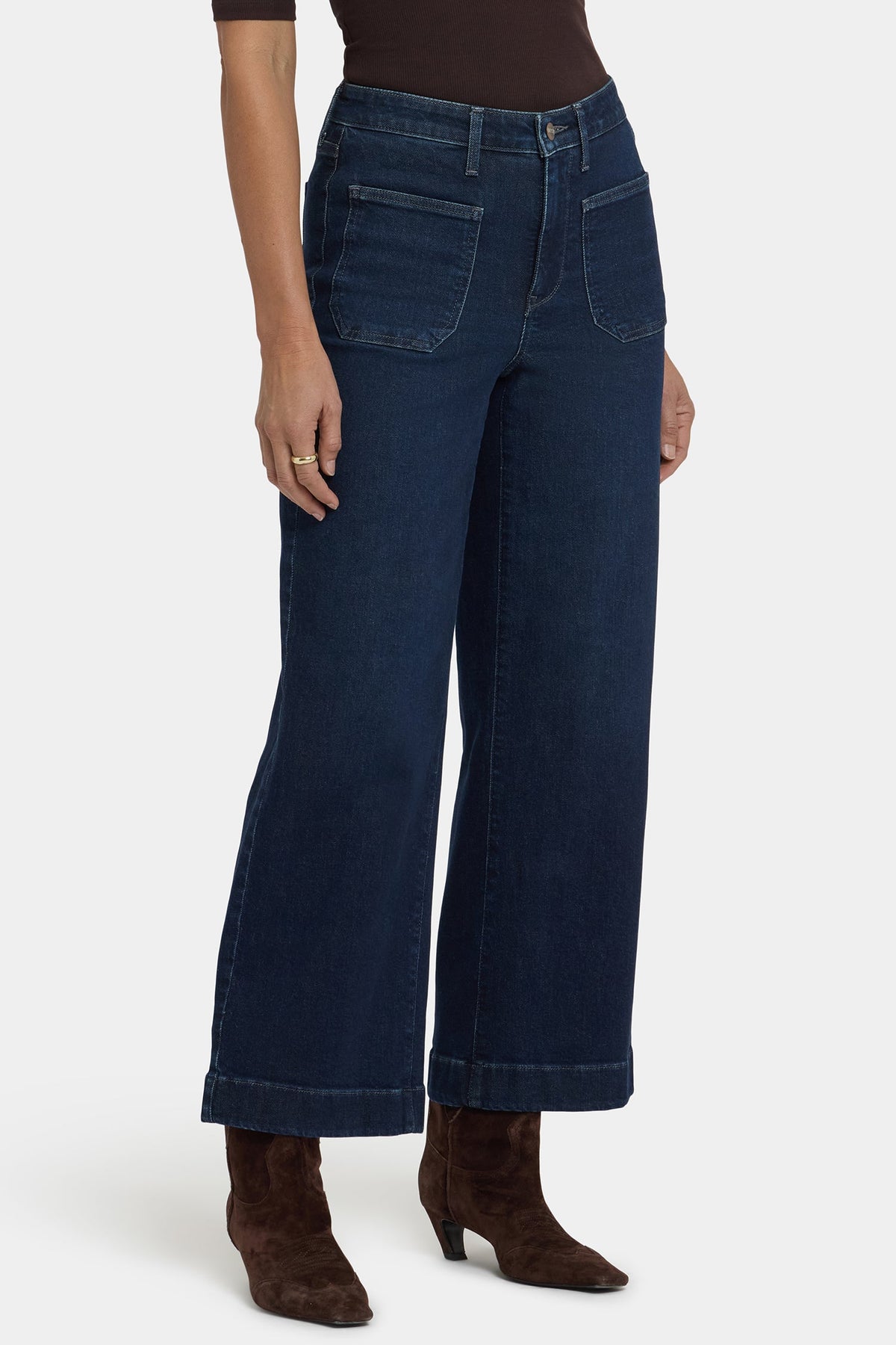 Dark Blue Denim Teresa Wide Leg Ankle Jeans - Angled Front On-Model Styled Look | NYDJ Apparel