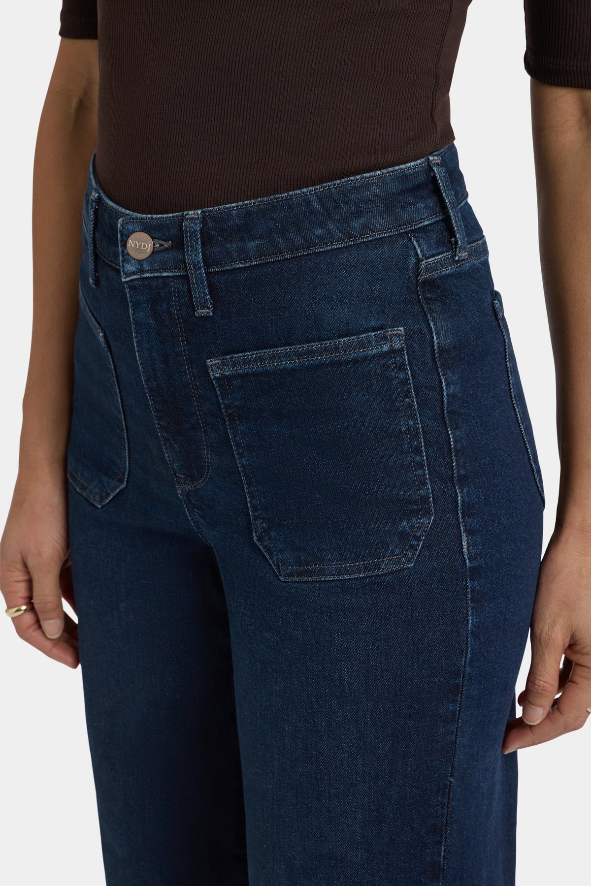 Dark Blue Denim Teresa High Rise Wide Leg Jeans - Front Pocket & Waist Detail | NYDJ Apparel