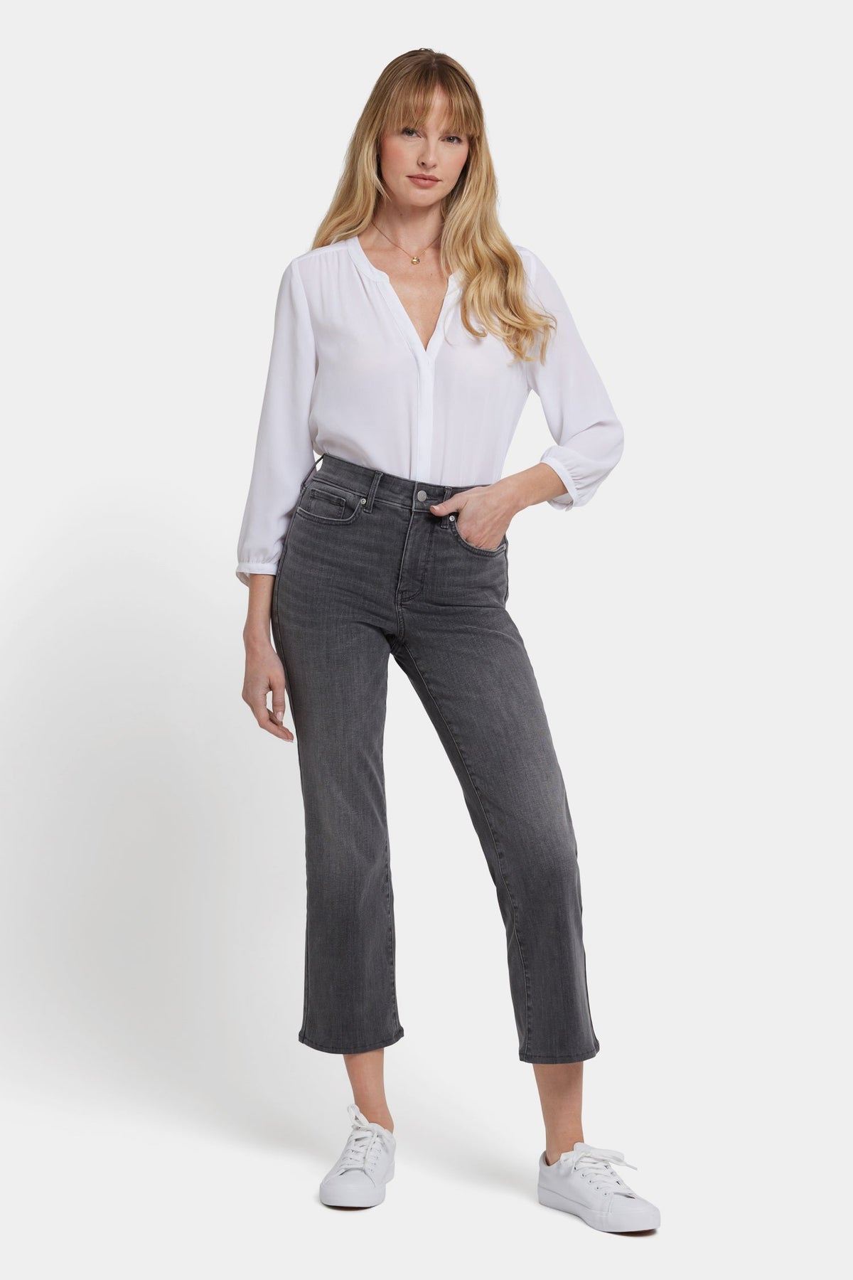Grey Denim Marilyn Straight Ankle Jeans - Front View On Model | NYDJ Apparel