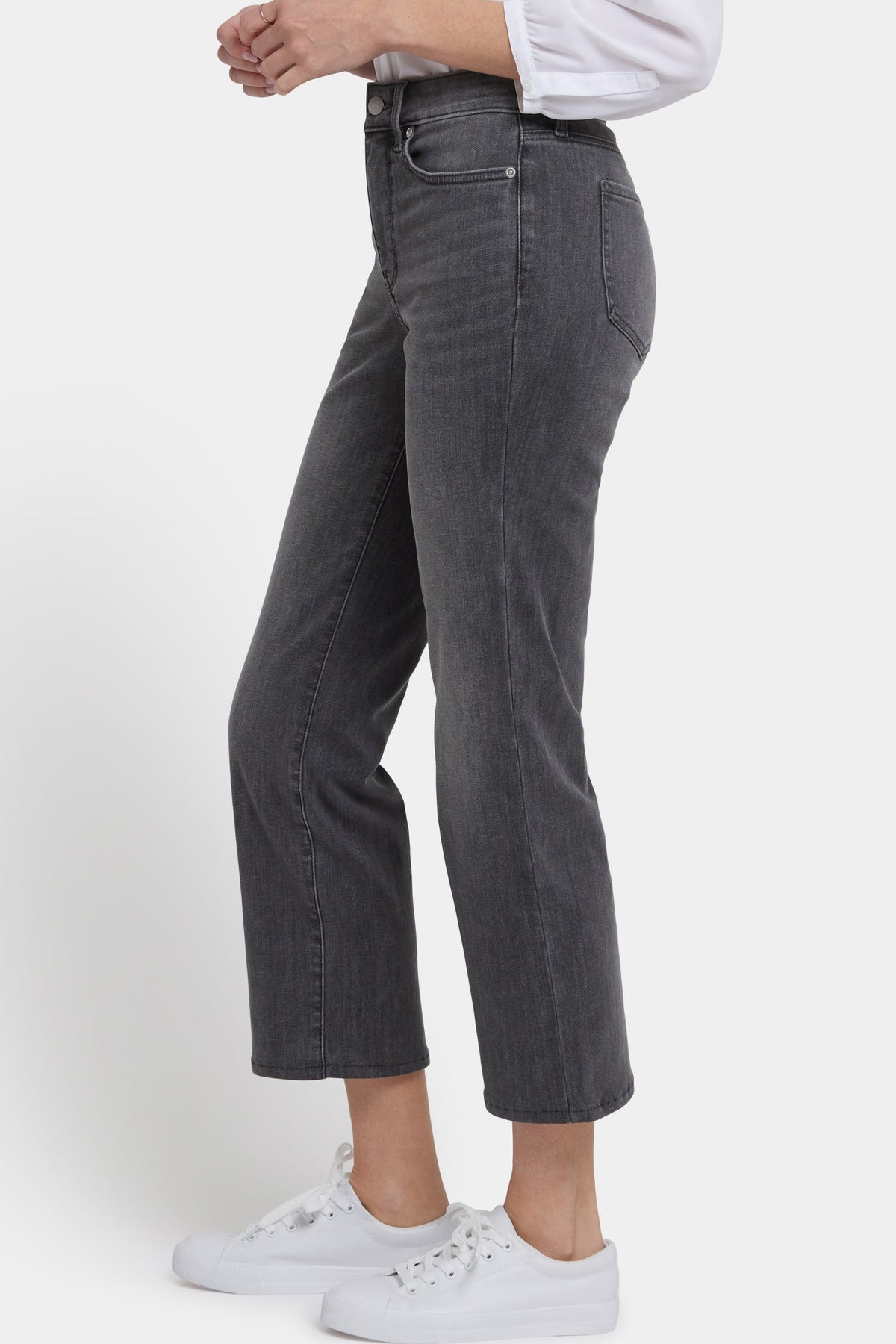 Grey Denim Marilyn High Rise Straight Ankle Jeans - Side Profile On Model | NYDJ Apparel