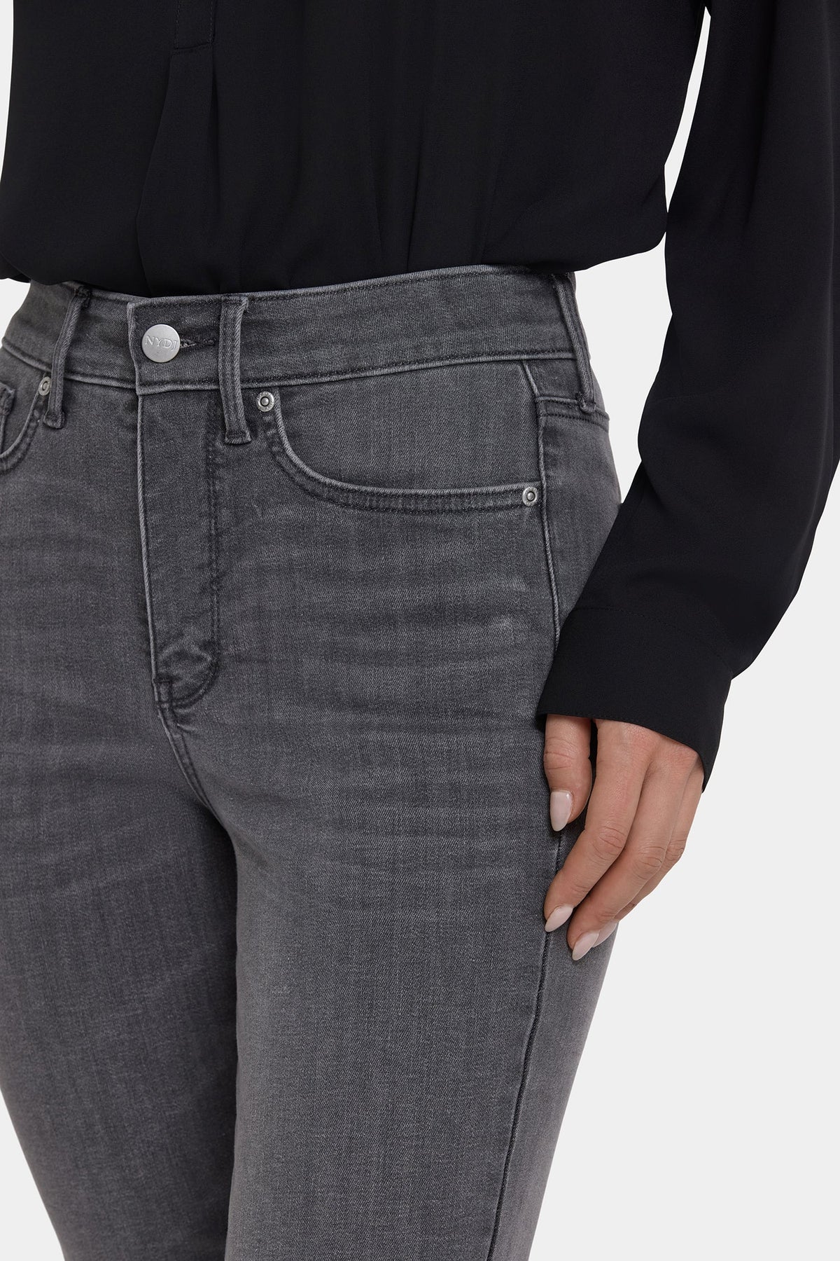 Grey Denim Marilyn High Rise Straight Ankle Jeans - Waist & Pocket Close-Up | NYDJ Apparel