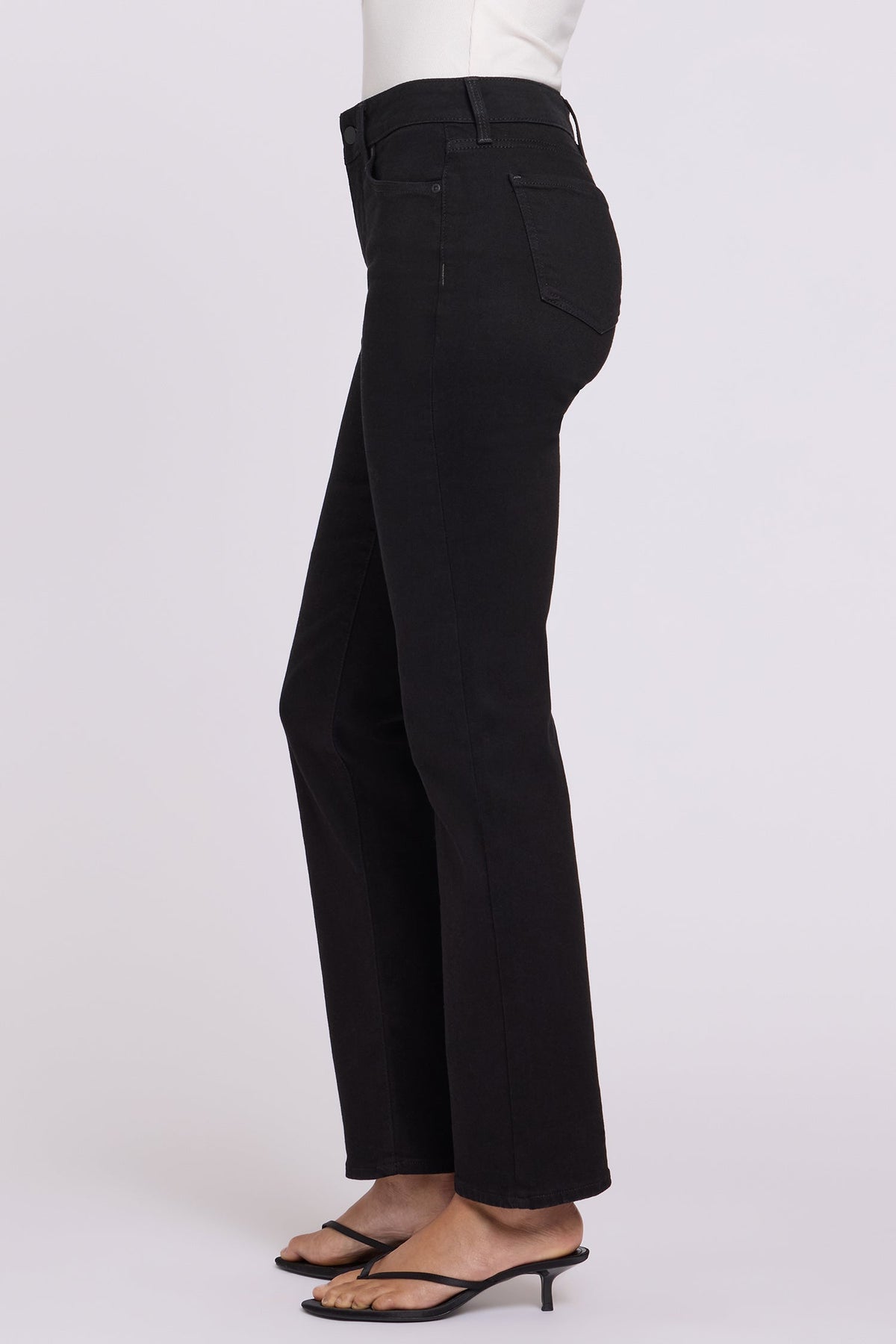 Black Marilyn Straight Jeans - Side Profile View, Slimming Straight Leg | NYDJ Apparel