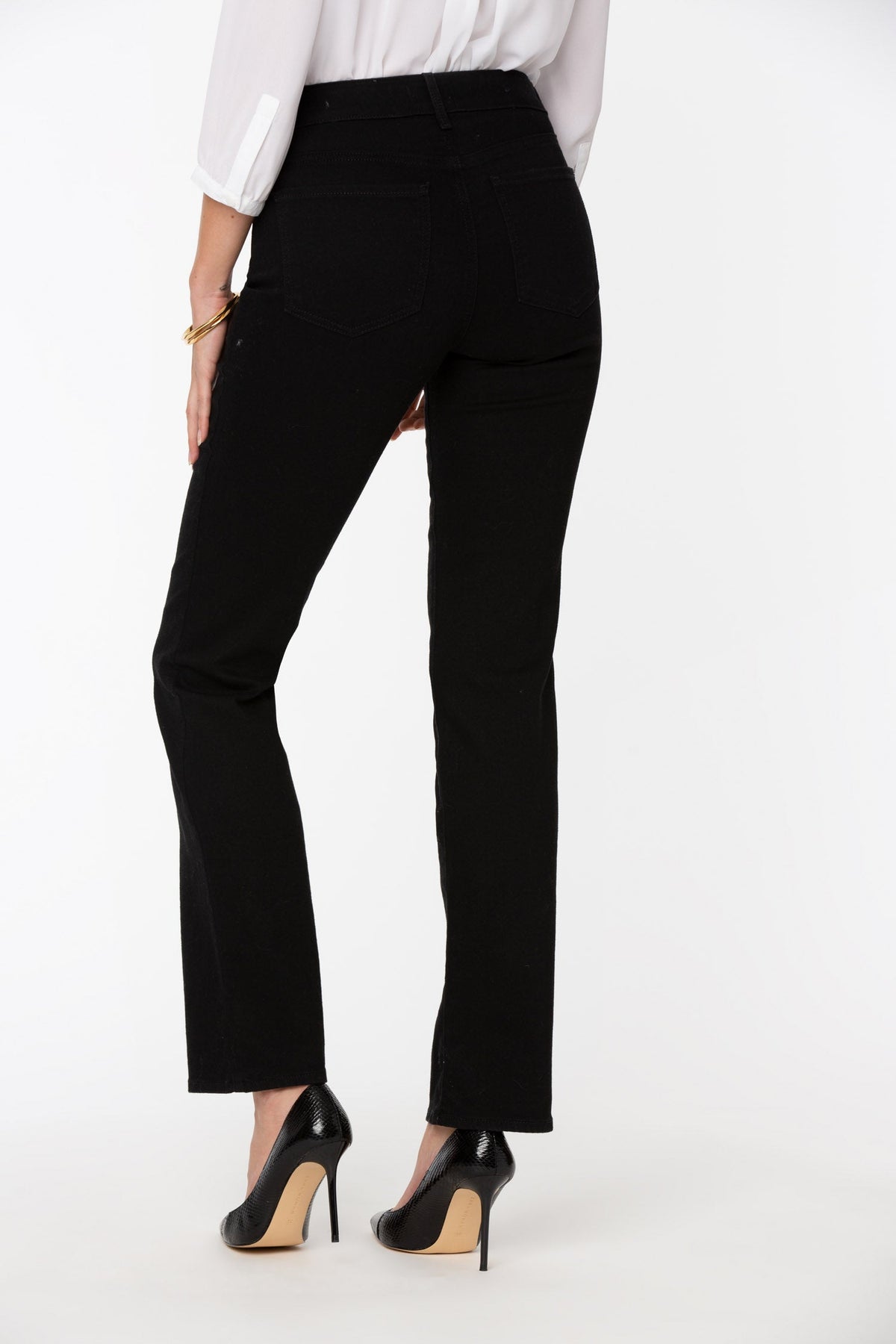 Black Marilyn Straight Jeans - Back View Styled with White Blouse & Heels | NYDJ Apparel