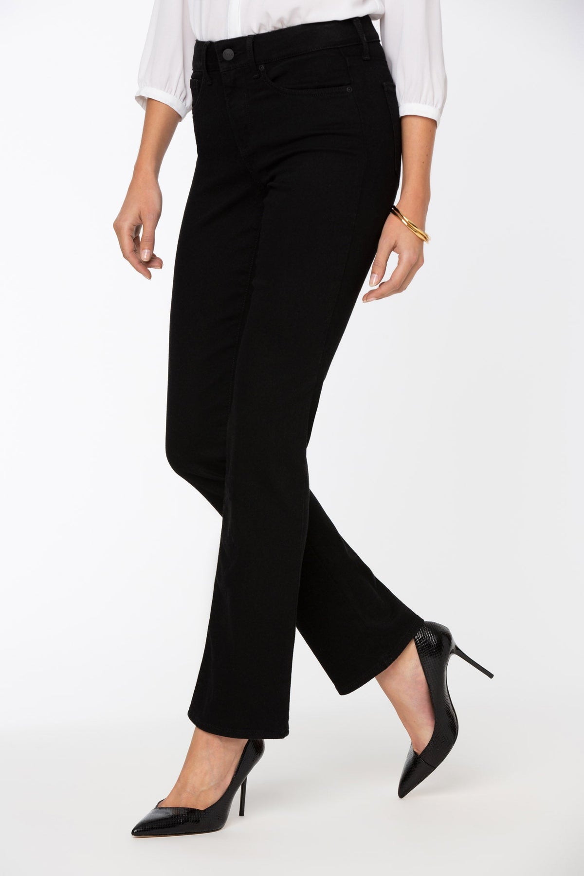 Black Marilyn Straight Jeans - Side View with Heels, Figure-Elongating Fit | NYDJ Apparel
