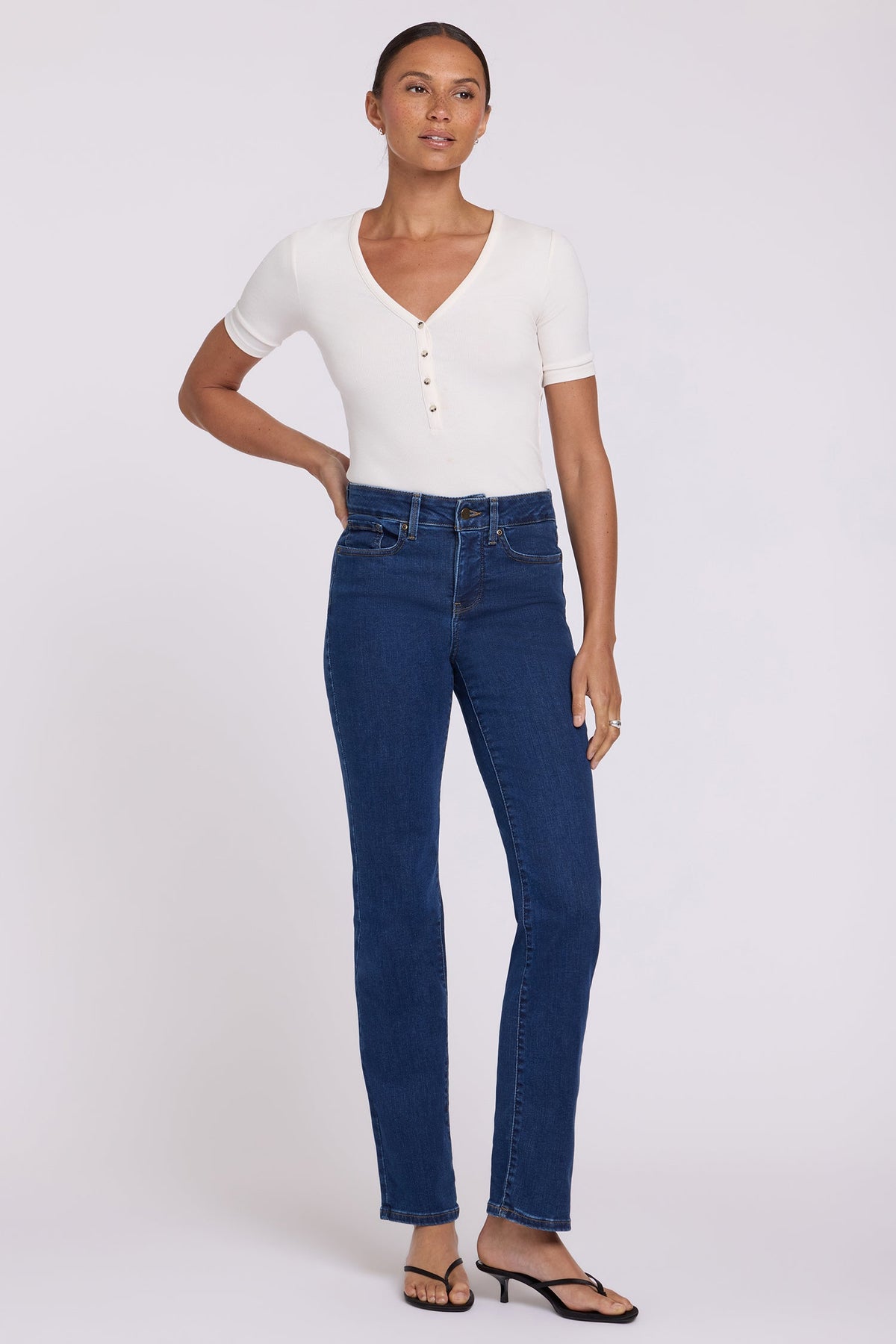 Quinn Blue Denim Marilyn Straight Jeans - Front View On Model | NYDJ Apparel