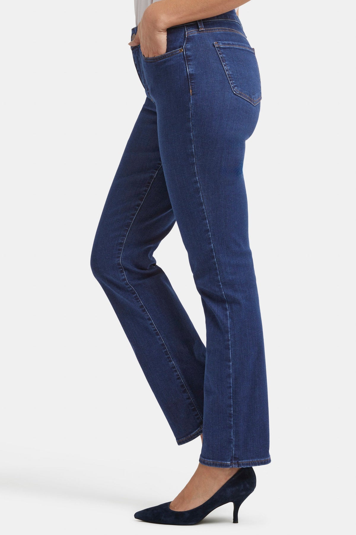 Quinn Blue Marilyn Straight Jeans - Side View On Model with Heels | NYDJ Apparel