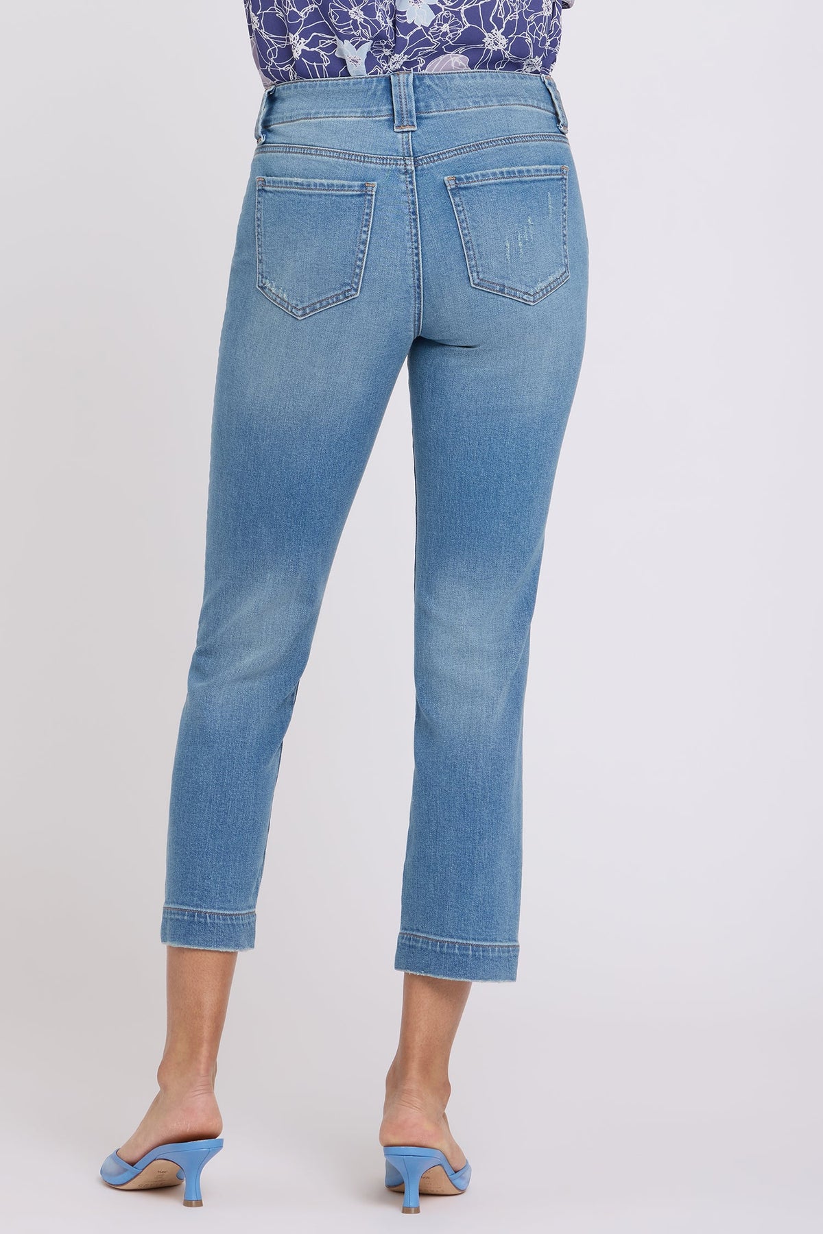 Medium Indigo Sheri Slim Straight Petite Ankle Jeans - Back View with Released Hem | NYDJ Apparel
